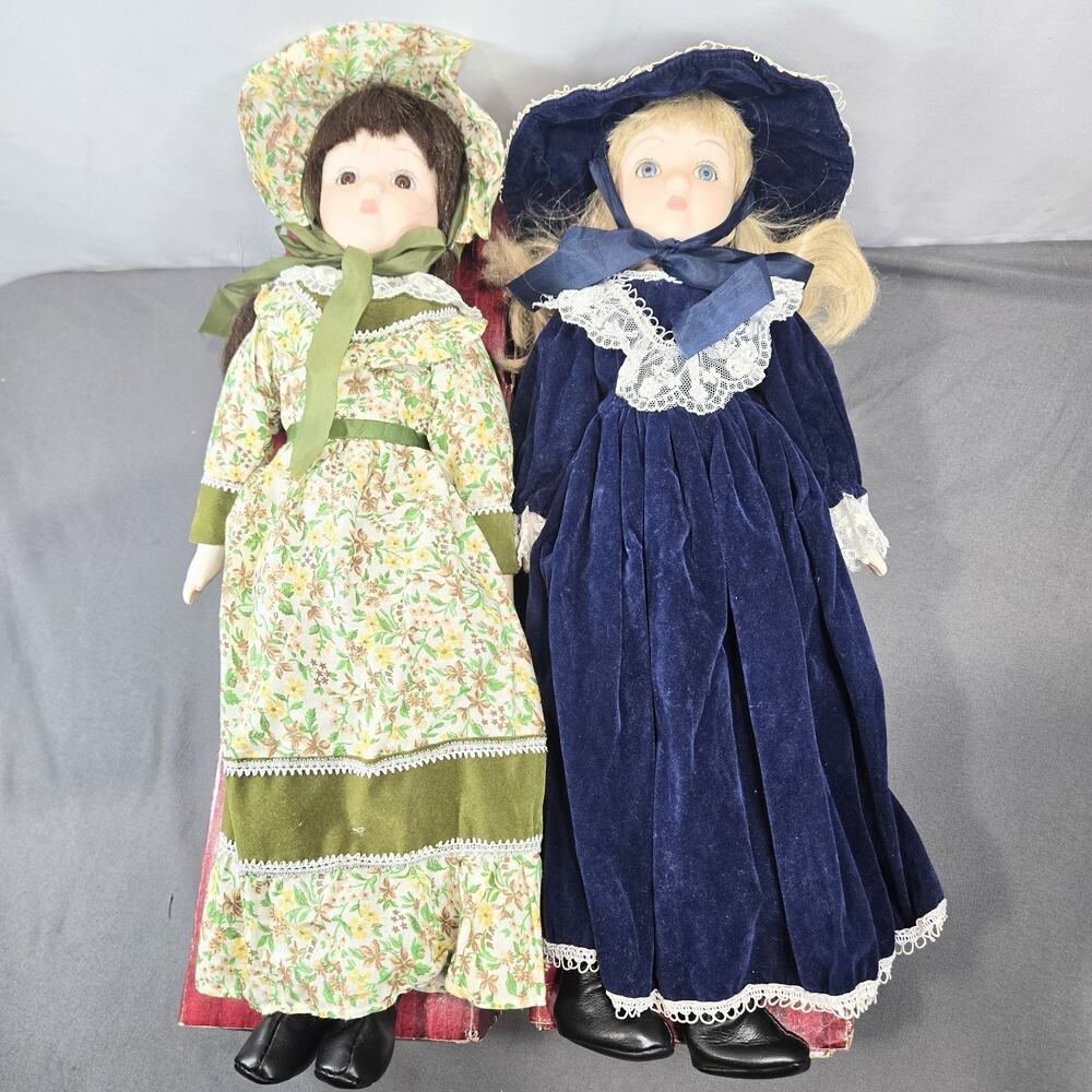Vintage Victorian Porcelain Dolls Lot of 2 Floral Velvet 18 In In Boxes